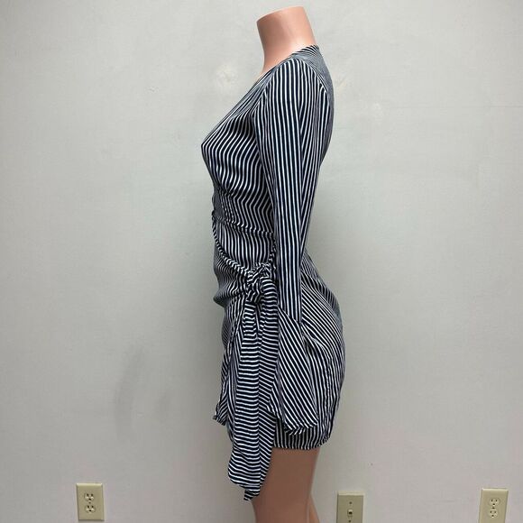 Faithfull Womens Navy Blue White Stripe Long Sleeve Tie High V-Neck Wrap Dress 2 - Picture 3 of 8